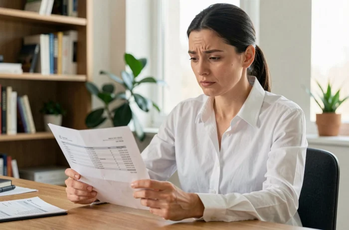 Femme analysant son relevé bancaire à domicile pour identifier un prélèvement Siaci Saint Honoré