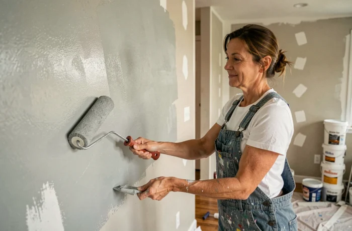 Femme en train de peindre un mur intérieur lors de la rénovation de sa maison