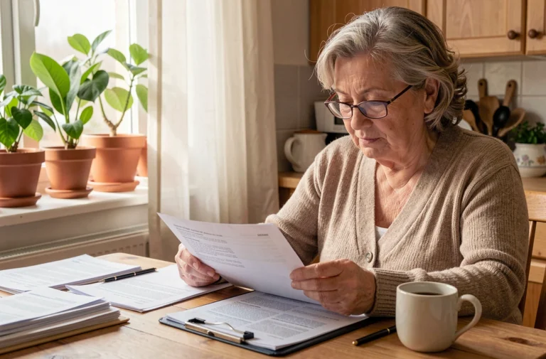 Femme retraitée comparant des offres de mutuelle santé à sa table de cuisine avec des documents et un café