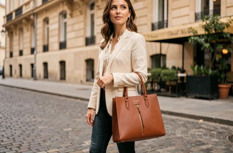 Femme parisienne tenant un sac cabas en cuir cognac dans une rue pavée, style élégant au quotidien