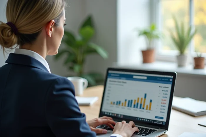 Femme utilisant un simulateur PER en ligne sur son ordinateur portable dans un bureau à domicile pour planifier son épargne retraite