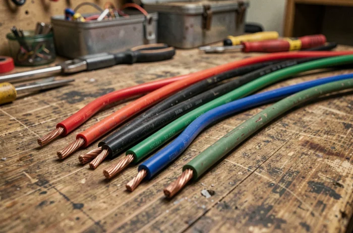 Gros plan sur des fils électriques anciens avec code couleur français rouge, noir, vert et bleu sur un établi