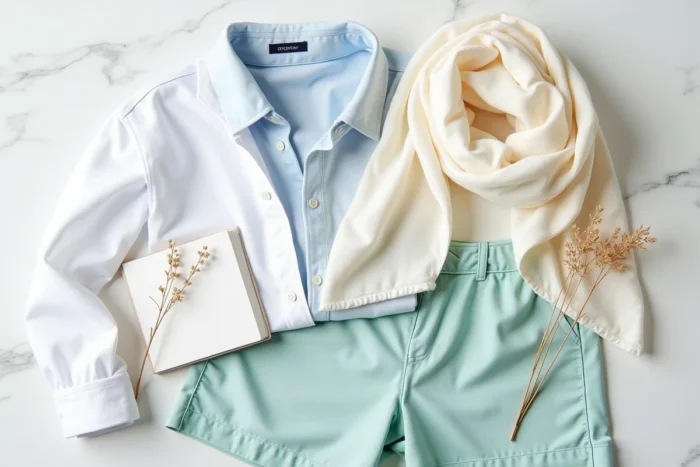 Flat-lay de vêtements d'été aux couleurs claires sur marbre blanc, palette de teintes qui repoussent la chaleur solaire