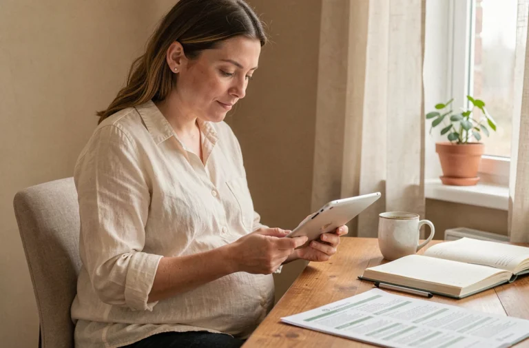 Future maman enceinte consultant des ressources utiles sur une tablette dans son bureau à domicile