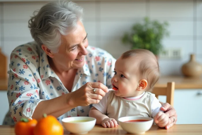 Grand-mère accompagnant son petit-enfant de huit mois lors de la diversification alimentaire dans une cuisine familiale