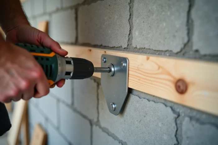 Gros plan sur l'ancrage d'un chevron bois dans un mur en parpaing avec platine métallique et cheville