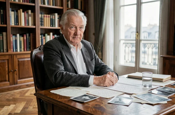 Portrait d'un homme âgé distingué dans un bureau parisien classique entouré de photographies et de papiers anciens