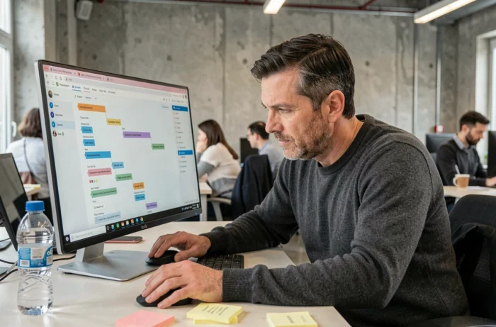 Homme en espace de coworking analysant un sitemap de site d'emploi sur grand écran pour optimiser sa candidature