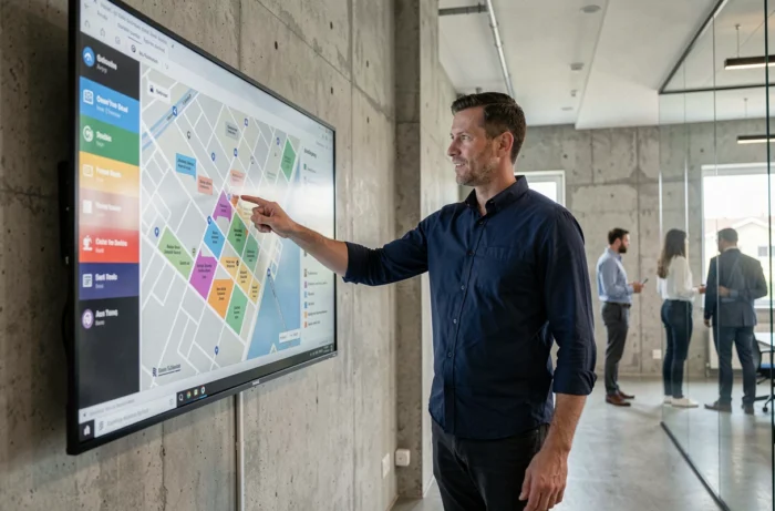 Homme présentant une carte de navigation de site web sur un grand écran tactile dans un bureau moderne