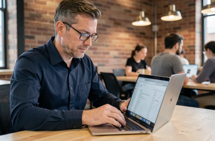 Homme consultant une carte de site sur ordinateur portable dans un espace de coworking