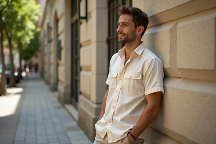 Homme en chemise beige claire dans une rue urbaine en été, tenue légère aux couleurs pâles pour rester au frais