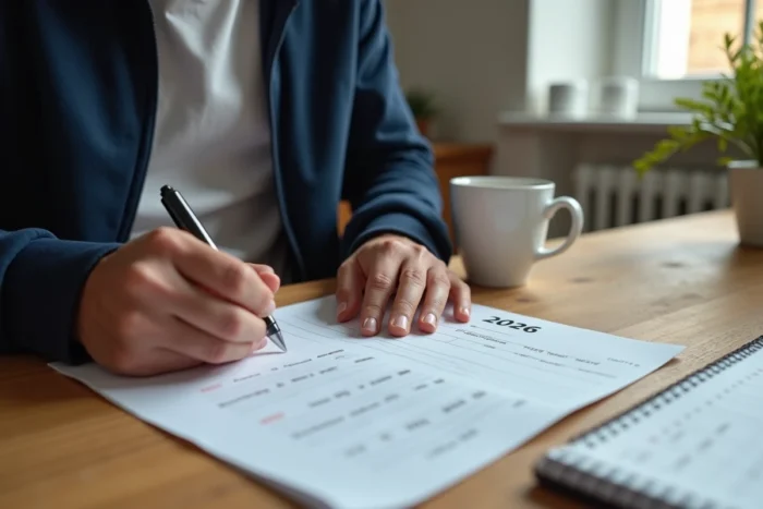 Homme remplissant un chèque différé Leclerc à la maison avec un calendrier 2026