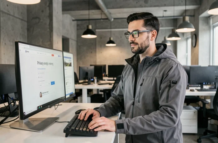 Homme avec lunettes utilisant une interface alternative à Twitter respectueuse de la vie privée sur double écran dans un espace de coworking moderne