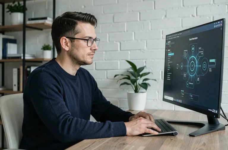Homme concentré devant un ordinateur explorant une interface blockchain pour débuter avec Robthecoins