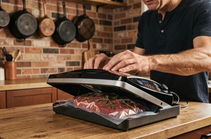 Homme utilisant une machine sous vide Magic Vac Maxima 2 pour conserver de la viande fraîche