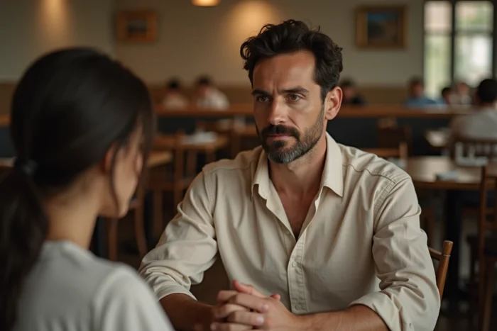 Homme regardant intensément une femme dans un restaurant, expression révélant des sentiments secrets