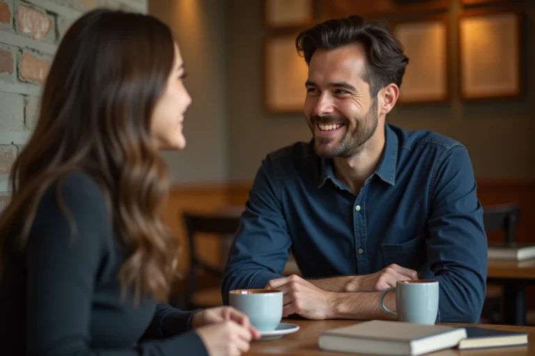 Homme souriant discrètement à une femme dans un café, signe non verbal d'amour secret