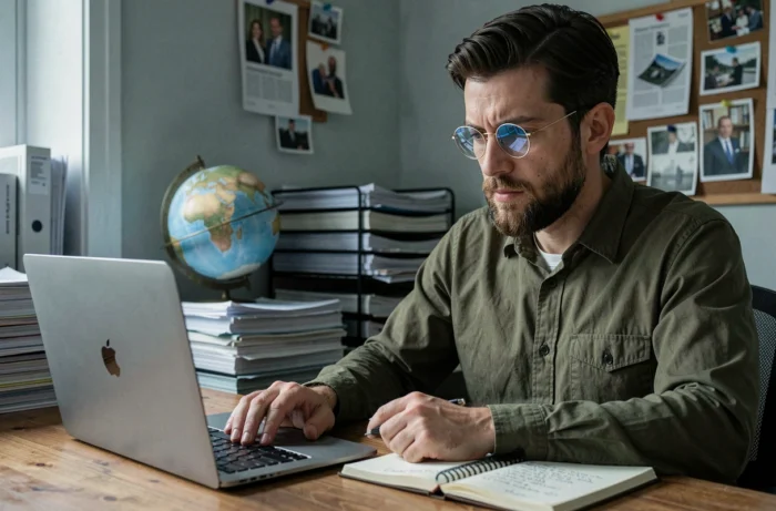 Homme à lunettes prenant des notes en regardant un reportage sur son ordinateur portable dans un bureau à domicile