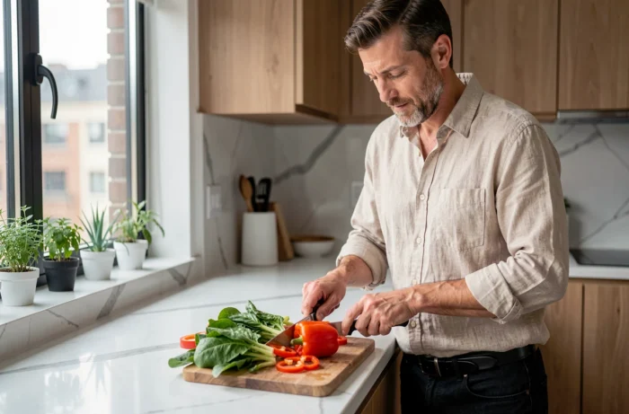 Homme préparant un repas sain avec des légumes frais dans une cuisine moderne pour adopter de bonnes habitudes alimentaires