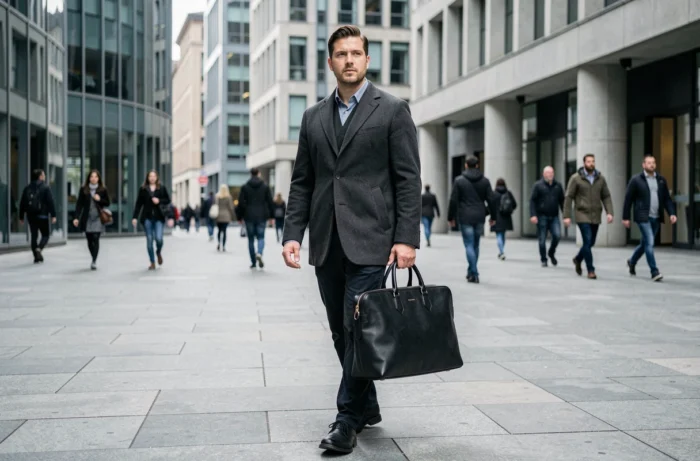 Homme en manteau gris marchant en ville avec un sac porte-documents en cuir noir élégant