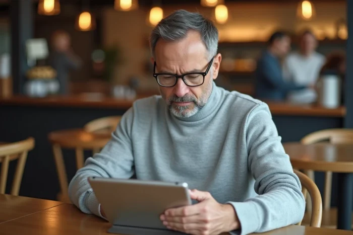 Homme consultant un simulateur de Plan d'Épargne Retraite sur tablette dans un café pour optimiser son épargne retraite