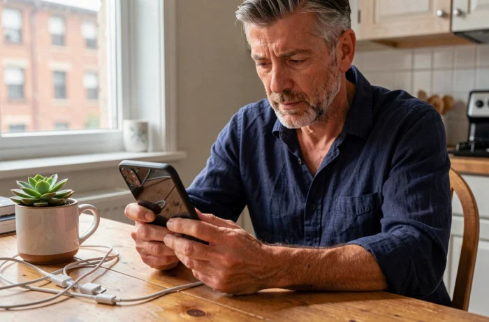 Homme examinant un smartphone pliable de dernière génération à la maison, symbole des nouvelles technologies grand public en 2024