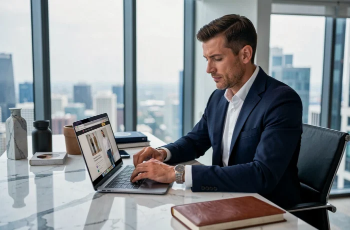 Homme en blazer marine naviguant sur un site de mode luxe depuis un bureau en marbre avec vue urbaine moderne