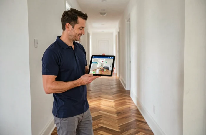 Homme explorant une visite guidée immobilière sur tablette dans le couloir d'une maison vide avec parquet en chevrons