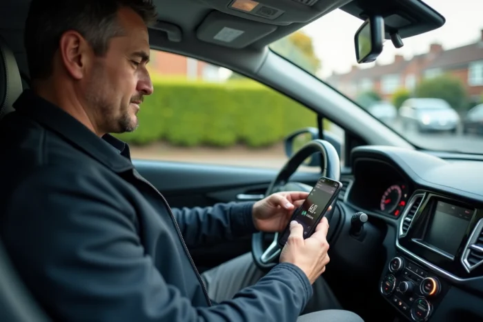 Homme au volant consultant une application d'itinéraire Mappy sur smartphone pour calculer le coût de son trajet en voiture