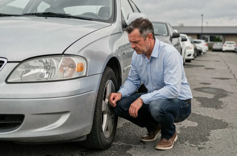 Homme inspectant la carrosserie d'une voiture d'occasion dans un lot de véhicules d'occasion avant achat