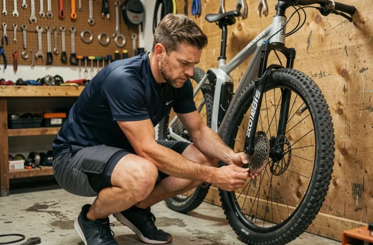 Cycliste inspectant le dérailleur arrière d'un VTT électrique Rockrider E-ST 100 dans un atelier de vélo maison