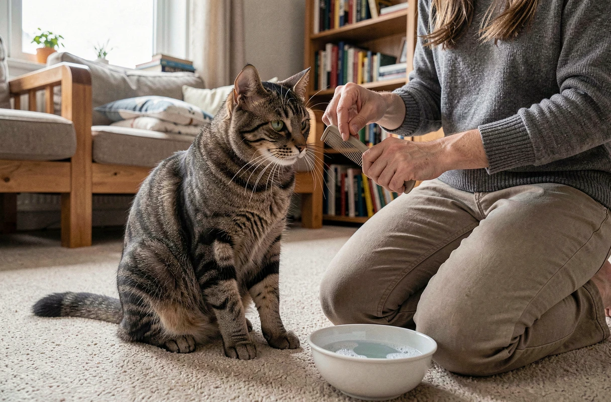 Personne inspectant le pelage d'un chat avec un peigne anti-puces dans un salon domestique