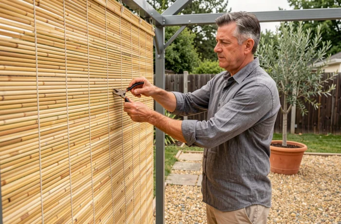 Homme installant une canisse en bambou sur une pergola métallique dans un jardin de banlieue