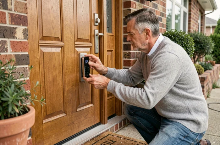 Homme installant une serrure connectée intelligente sur une porte d'entrée en bois pour sécuriser sa maison
