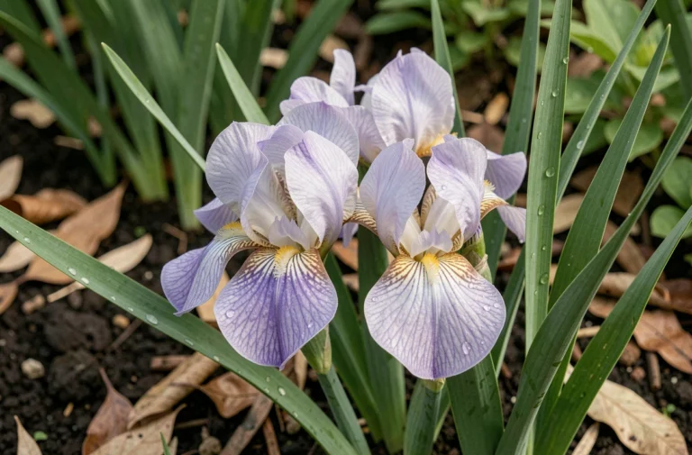 Gros plan sur des fleurs d'iris marcheurs en pleine floraison avec des pétales violet et lavande veinés, entourés de feuilles en épée dans un massif de jardin naturel