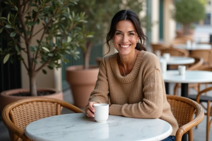 Femme brune décontractée en pull camel attablée à une terrasse de café avec une tasse de café, dans une ambiance lifestyle chaleureuse