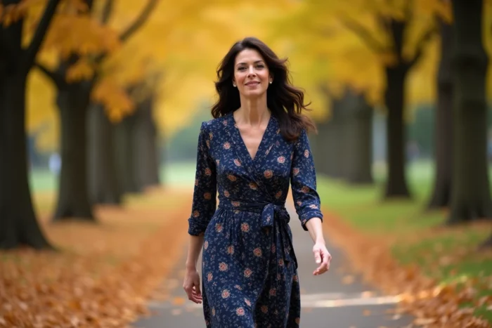 Femme élégante en robe portefeuille marine se promenant dans un parc automnal avec des feuilles dorées au sol