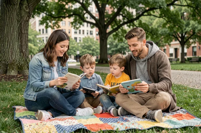 Jeune famille urbaine composée de deux parents et deux enfants assis sur un plaid coloré dans un parc de ville, partageant la lecture d'un livre illustré par une belle journée