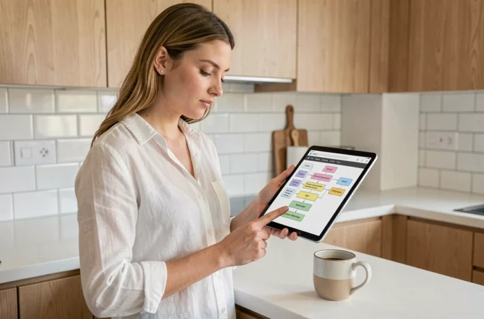 Jeune femme explorant une carte de site web sur tablette dans une cuisine moderne