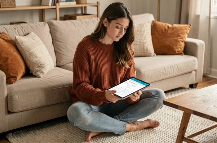 Jeune femme consultant un plan de site web sur une tablette numérique dans un salon chaleureux et décoré
