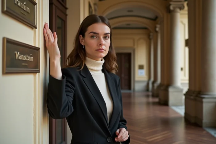 Jeune notaire femme accrochant sa plaque professionnelle à l'entrée d'une étude notariale historique, symbolisant la féminisation de la profession