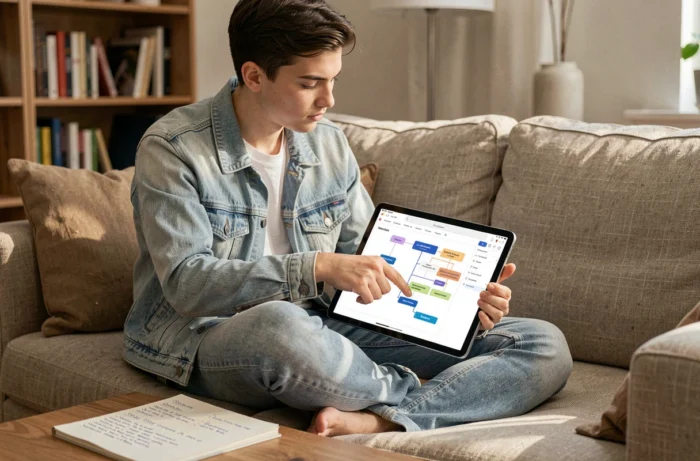Jeune professionnel utilisant une tablette pour naviguer dans un sitemap de site d'offres d'emploi depuis son salon