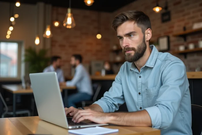 Jeune professionnel travaillant sur l'optimisation de la visibilité web et l'analyse de trafic dans un café urbain