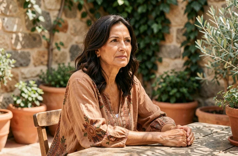 Femme aux cheveux ondulés bruns assise dans une cour méditerranéenne évoquant le style de vie de Jimena Gómez-Paratcha ex-femme de Jimmy Page