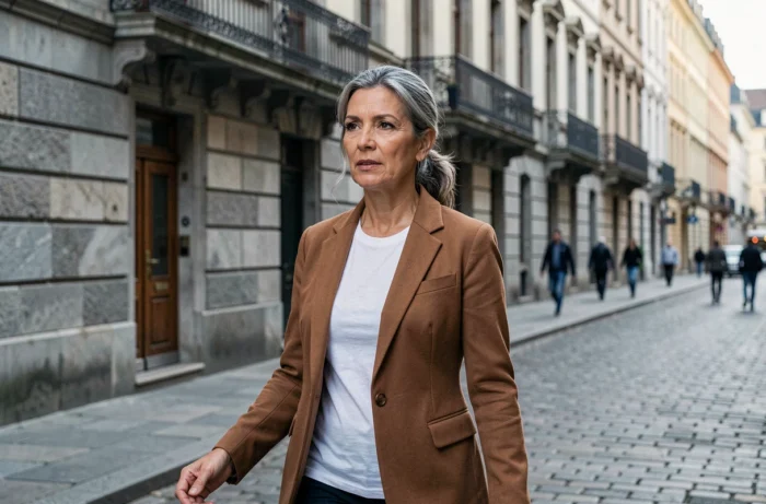 Femme distinguée aux cheveux grisonnants marchant dans une rue pavée européenne symbolisant le parcours discret et indépendant de Jimena Gómez-Paratcha