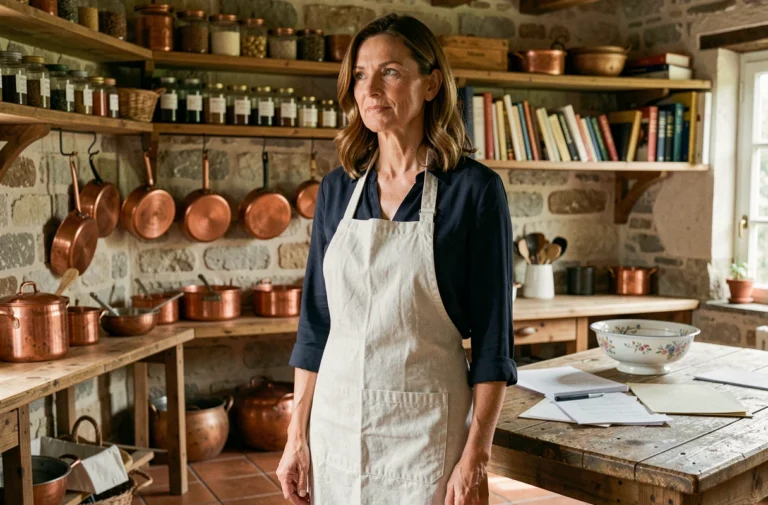 Julie Andrieu dans une cuisine rustique française entourée d'ustensiles en cuivre et de livres de recettes