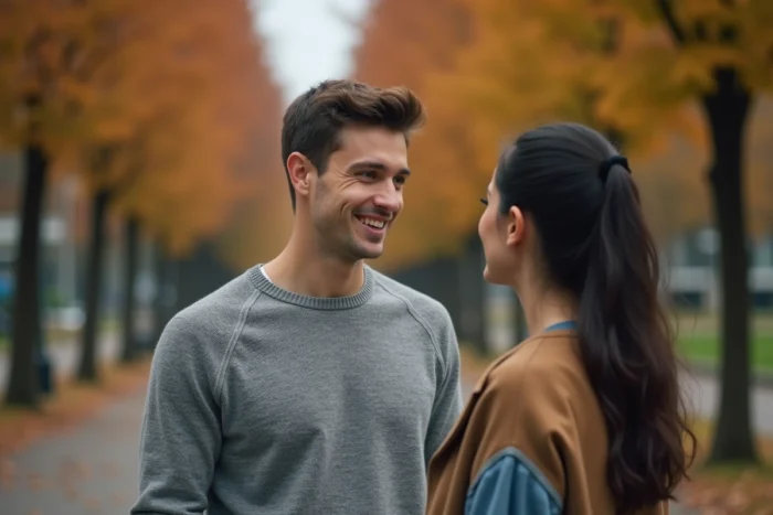 Homme attentif se penchant vers une femme dans un parc en automne, langage corporel révélateur d'attirance