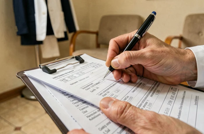 Mains d'un médecin de garde rédigeant une ordonnance avec un tableau des tarifs médicaux visible en dessous