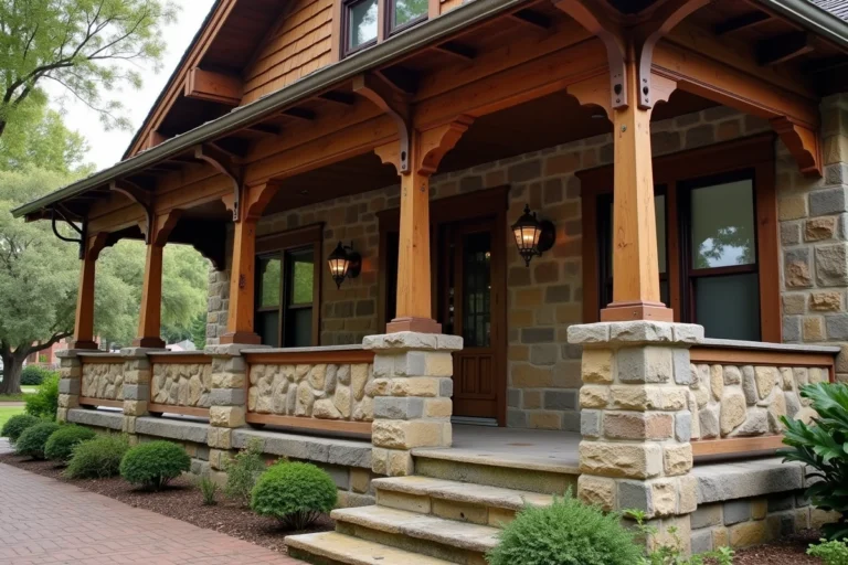 Façade extérieure d'un bungalow artisanal américain des années 1920 avec porch en bois, chevrons apparents et tuiles d'époque