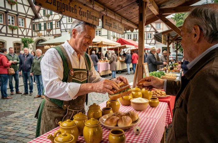 Stand de marché allemand traditionnel vendant des saucisses de Francfort en petit pain dans une ambiance de foire historique